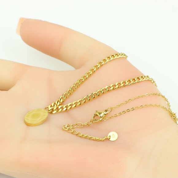 Chic Dual Chain Yellow Necklace with Polished Oval Pendant Charm, XPNL0366 - Picture 4 of 13